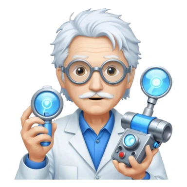 A quirky old inventor with wild white hair, goggles, and a glowing gadget in hand.
 sticker