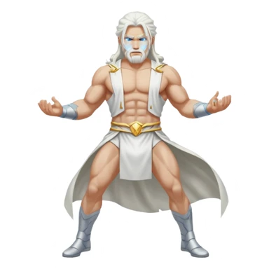 Zeus, whole body, white clothes, long white  hair, lightnings, determined face sticker