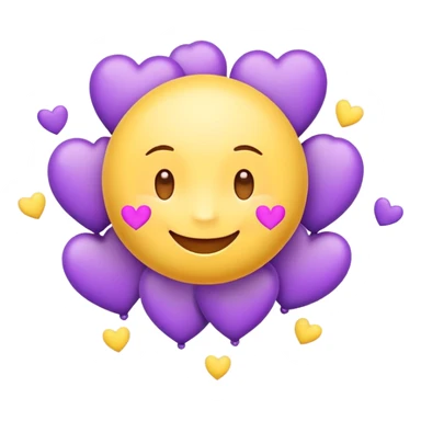 Cute smiling emoji surrounded by floating purple hearts on a soft pastel background." sticker