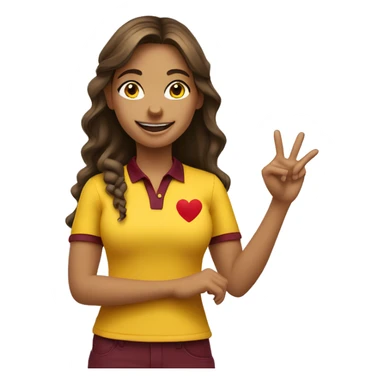 a mid length hair girl smiling and doing the heart sign wearing a yellow polo with maroon id lanyard  sticker
