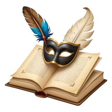 An icon featuring an open book with flowing pages, a feather quill, and classic literary symbols like a theater mask and inkwell. The design includes a subtle parchment background with faint text lines, symbolizing the study of literature. Transparent background emphasizes creativity and analysis. sticker