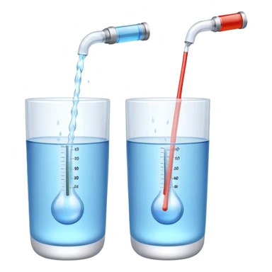 3D illustration of two glasses of water — one cold, one hot, with a thermometer inside each. Particles dissolving faster in hot water, slower in cold. Minimalist, clean, bright, modern 3D icon style. sticker