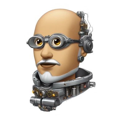 Tan bald male Latino cyborg head with grey beard, silver steampunk monocle goggles and circuits sticker