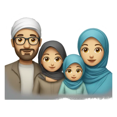 Draw a muslim family of 4 consisting of a father with glasses, a mother with a headscarf, a 3-year-old girl and a baby with blue clothes. sticker