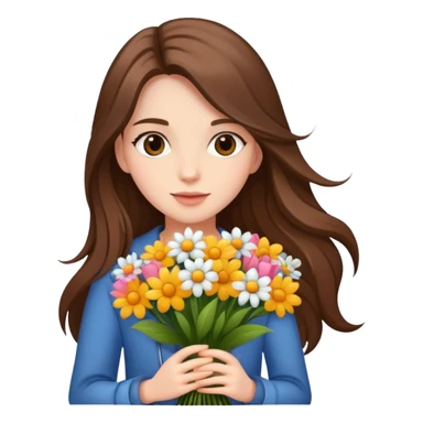 cool girl with long brown hair and fair skin holding a bouquet of flowers, trendy sticker