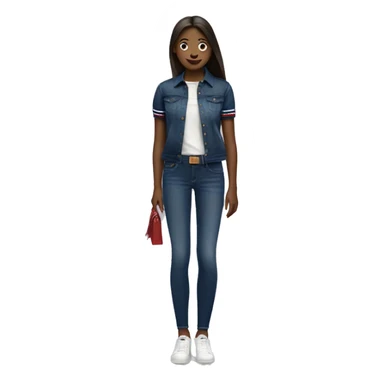 A girl with a tommy hilfiger polo with a dark blue jeans sticker