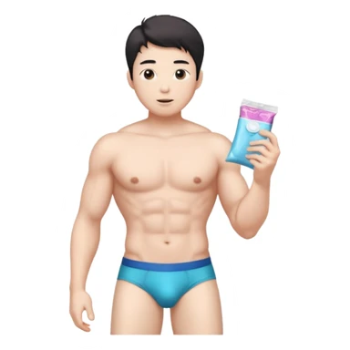 Male shirtless white skin Asian korean six pack sexy big dih lean full body without pants hold condom and jerking off with a little bit hair upper underwear don’t hold any stuff sticker
