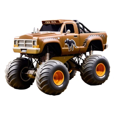 Monster Mutt - Monster Jam (Model Year: 2021) (Iconic colour: Brown with dog features) - A unique monster truck with playful, dog-inspired design cues. The vehicle is painted in warm brown tones and features subtle dog motifs (such as a stylized snout or ear shapes). It should blend the rugged power of a monster truck with quirky, endearing canine features. sticker
