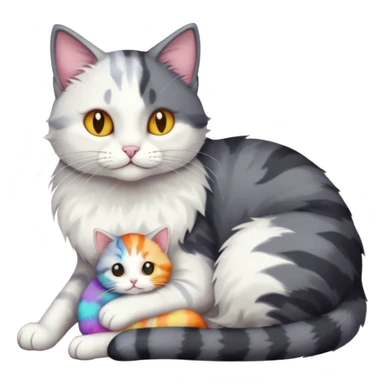 full body dark grey and white cat cuddling a colourful light patched calico + white tabby cat  sticker