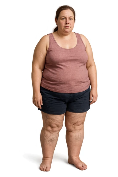 donna realistica leggermente in sovrappeso con vene visibili sulle gambe e gambe gonfie, iperrealistica 4k, IPERREALISTICA 4K sticker