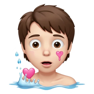 Pale Boy with shaggy brown hair, pink heart shaped eyes looking up , mouth open , water drop dripping from lips, hand touching cheek sticker