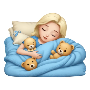 single-girl-in-Warm Cream-cozy-blue-bed-sleeping-pretty-eyelashes-light-skin-with toy sticker