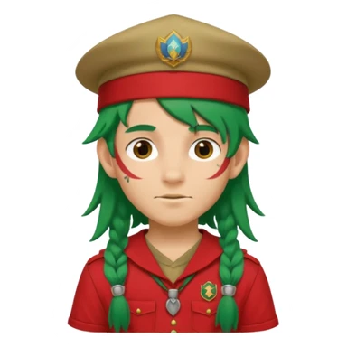 scout boy long hair face tatooes green haired, wearing red uniform with hat sticker