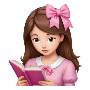 a brown haired, fair skinned female reader reading a pink romance novel with bow sticker