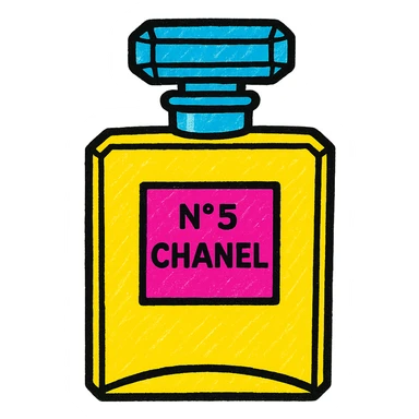Chanel perfume bottle in a pop art style, bold colors, graphic outlines sticker