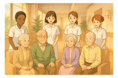 Four nursing students inspired by provided faces, wearing complete white short-sleeve uniforms without stethoscopes, accompanying elderly seated patients, Ghibli style, bright and warm hospital interior decor. sticker