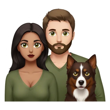 Thin white guy with beard and widows peak and green eyes and large pointy nose in olive green long sleeve AND One latina girl with long beautiful dark hair and dark eyes in a dark red v neck and makeup with her black tri colored  Australian shepherd large sticker