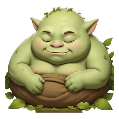 Meme-Worthy Cute Sleeping Ogre Portrait Emoji, with a surprisingly endearing, plump figure in soft earthy greens and browns, head drooping gently with closed, relaxed eyes and a content, sleepy grin, simplified yet adorably detailed, glowing with a soft warm outline that captures the peaceful slumber of a friendly ogre after a day of gentle mischief! sticker