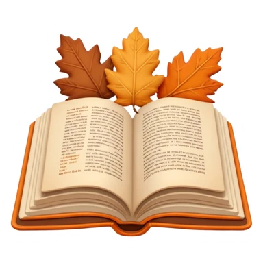 A cute 3D emoji of an open book with autumn leaves around it, cozy fall colors (orange, brown, beige), playful and modern style, glossy finish, minimalistic but expressive, symbolizing a Fall Reading Challenge. sticker