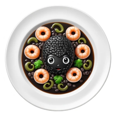 cinematic-realistic-black-risotto-dish-emoji,-showcasing-small squid pieces in black sauce -rendered-with-bold-textures-and-dynamic,-dramatic-lighting in a white plate sticker