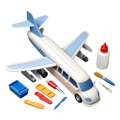 model-building tools like glue, paint, small paintbrushes, and pieces of a plastic model car or airplane in the process of being assembled. The design includes detailed textures of the model pieces and tools, capturing the focus and creativity of model building. Transparent background. sticker