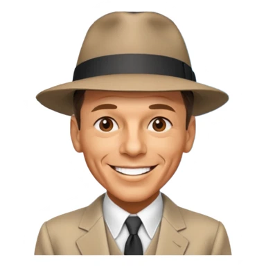 Frank Sinatra with the hat on, smiling and showing data analytics on a screen in the background sticker