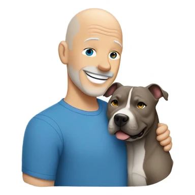 bald white mature man no beard blue eyes and blue tshirt Hugging large gray smiling pit bull sticker