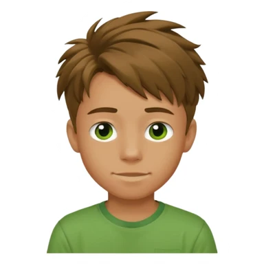 A 14 yerar old teenage boy, slightly tanned, wearing a green tshirt (no pocket), blue jeans and green sneakers with brown tousled hair, smirking sticker
