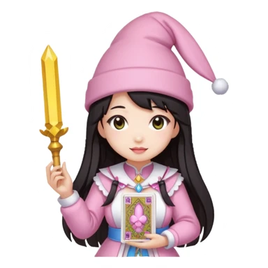pixel art chibi asian girl with dark long hair in pink bunny hat magical girl with kawaii tarot cards thrown in air pixel emoji sticker