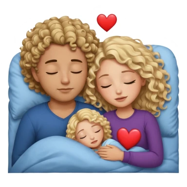 cuddling in bed, asleep. wavy haired blonde girl. man with curly,  dark brown hair. eyes closed. heart between them. no headboard sticker