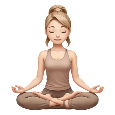 white woman with ponytail hairstyle in lotus position meditation yoga pose, closed eyes with a gentle smile, wearing light brown yoga outfit sticker