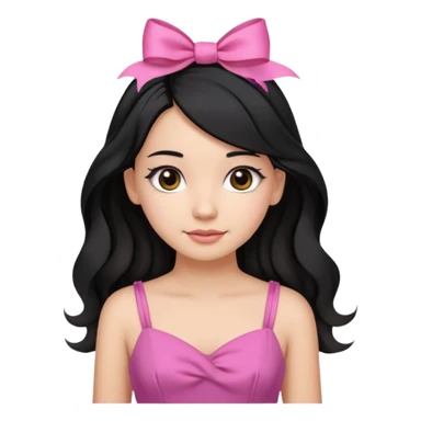 Beautiful girl with black hair in a half-up half-down hairstyle with pink ribbon tying the top half, waves at the ends, brown eyes, light skin, slight smile, and pink dress sticker