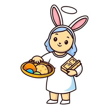 Feminine spring goddess Eostre with halo, Easter bunny, and Passover matzo symbols combined in one harmonious design sticker