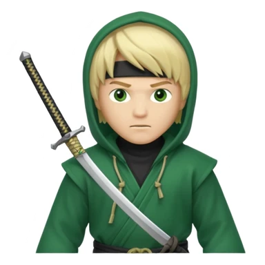 Green ninja Lloyd garmadon blonde hair, kaptur hoody on his head but blonde grzywka visible; the bottom left one is best (the one without miecze + black band + no mask of face) but add miecz; I want no band on head  sticker