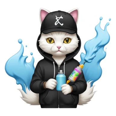 cat wearing a black snapback cap and black hoodie doing graffiti art with spray paint, street art style sticker