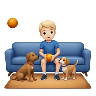 kid and dog playing with ball, living room background sticker