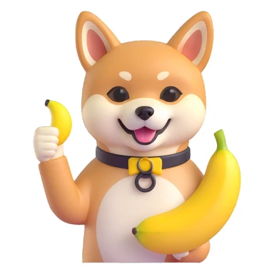 shiba inu showing thumb up and having banana sticker
