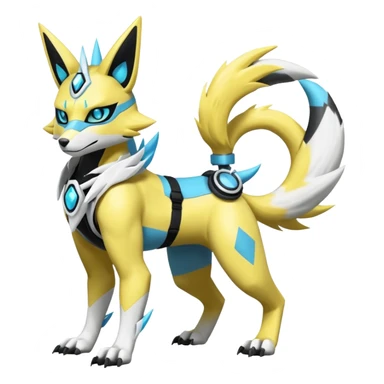 Shiny cyan yellow white electric complex futuristic white-cyber-masked Zeraora-Renamon-Electrike-Umbreon-Lombax-Weregarurumon-fusion-creature (full body sticker