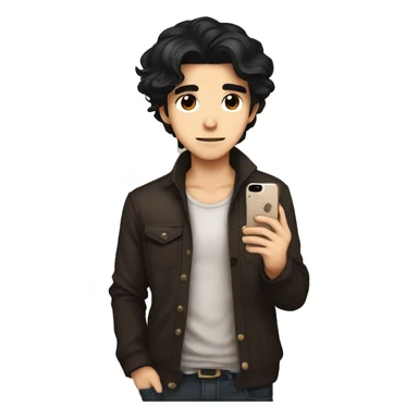 masterpiece,anime style,chibi,illustrated logo,medium short shot,twitch emote of a guy taking a picture with an iphone in front of a mirror,black hair,all brown skin,black shirt,hair half backcombed
 sticker
