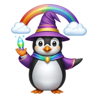 Penguin wizard in a cloud asking "What is rainbow connection?" sticker