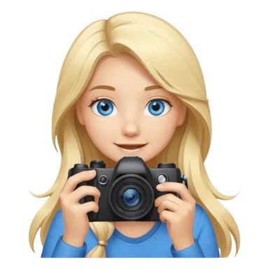 blue eyes blonde girl photographer cartoon taking picture in middle of taking picture camera in front of face long hair smiling funny flash professional, camera in front of face sticker