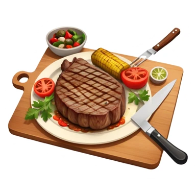 icon featuring a chef’s hat, a cutting board with fresh ingredients, a knife, a beautifully cooked ribeye steak, shashlik skewers, and a plate of food in the making. The design captures the passion of cooking with warm, inviting colors, and realistic textures. Transparent background. sticker