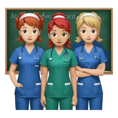 3 nurses: nurse 1 is wearing green work clothes, curly hair, middle european. nurse 2 is wearing blue work clothes, blond straight hair, scandinavic, nurse 3 is wearing white work clothes, red hair put into a bun, slavic. they all stand in a classroom, "Academy" written in white on board sticker