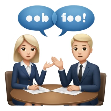 Two people sitting at a table with a large contract or paper between them and speech bubbles above, symbolizing negotiation and agreement signing. sticker
