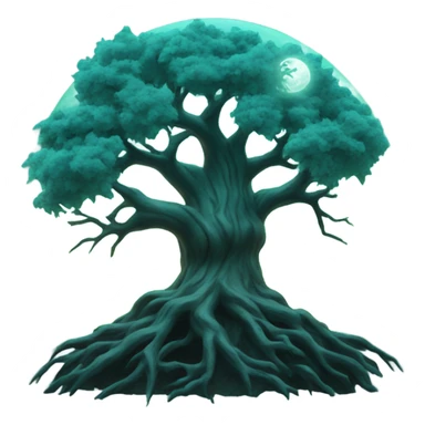 scary tree with teal moon in background illuminating sticker