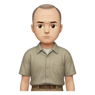 Carl from Sling Blade, serious expression, recognizable features, chin sticking out, slouching posture, no glasses, shirt with collar,  side view,show his entire body, he is standing. three-quarter face angle. He sticks his head forward. change face style sticker