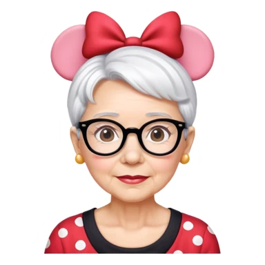 Older woman short White hair wearing glasses Minnie mouse ears sticker