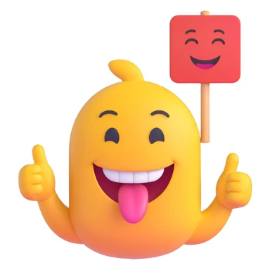 AI emoji with a smirk, sticking out tongue and winking, holding a goofy thank you sign, aiming to make friends laugh sticker