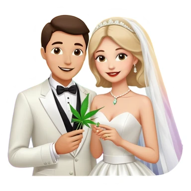 Bride in white dress and groom in tuxedo sharing a cannabis joint, cheerful cartoon wedding couple with vibrant colorful background sticker