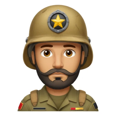 very tired Iraqi military, in a helmet, with a beard sticker